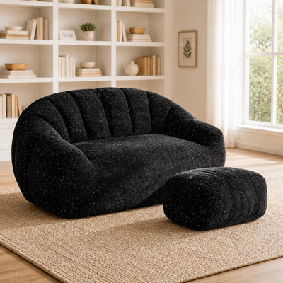 Oversized 2-Seater Bean Bag Sofa Chair with Soft Chenille Upholstery, Deep Seat Lounge Couch with High-Density Sponge Filling and Matching Footstool, Cozy Floor Sofa Set for Living Room, Bedroom, Gaming Room and Home Office