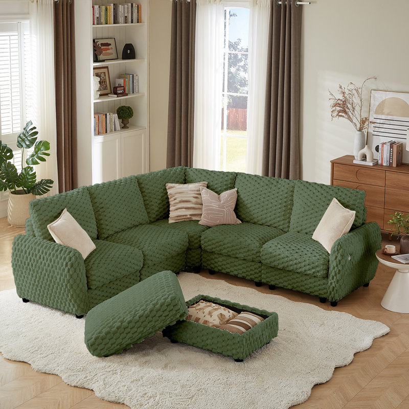 Upgraded Sectional Sofa With Storage, Charging, Convertible Feature And Easy Assembly-5 Seats & 1 Ottoman-Green