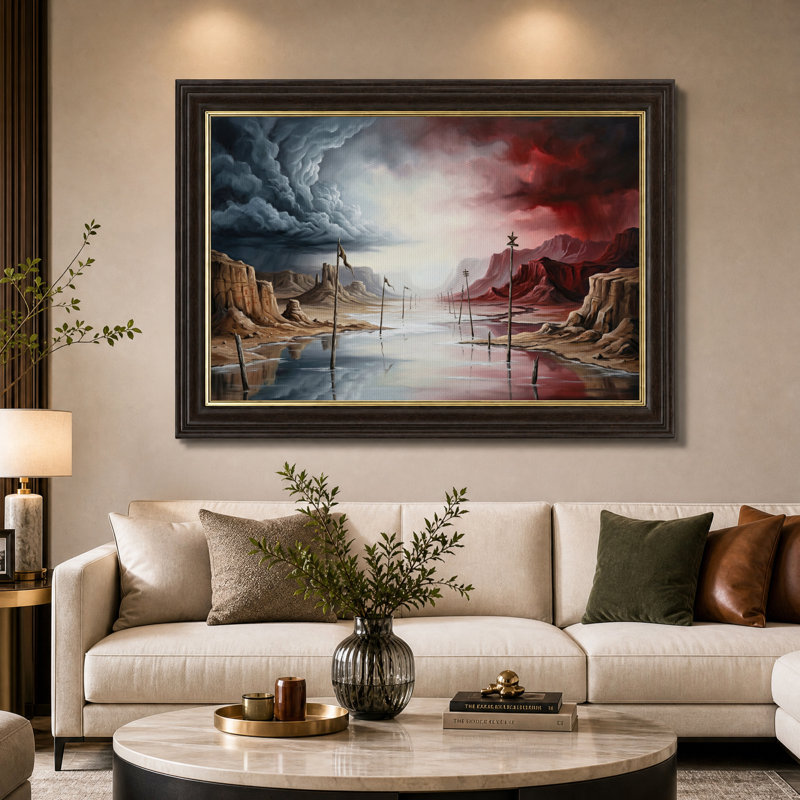 Tableau sur toile représentant une rivière de canyon rocheux avec des poteaux en bois et un ciel rouge, H 16 po x l 24 po