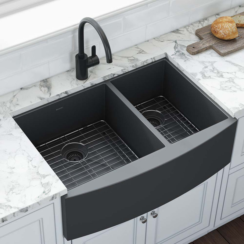 Ruvati 33-inch Stainless Steel 60/40 Double Bowl Apron-Front Farmhouse Kitchen Sink, Black