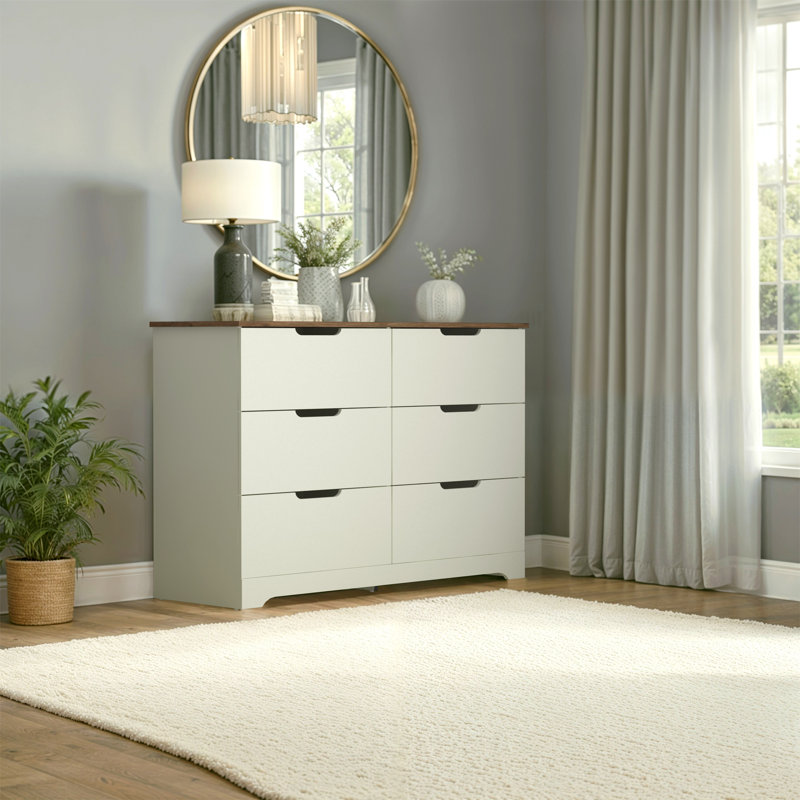 Commode 6 tiroirs Aroob, Ivoire / chêne noueux