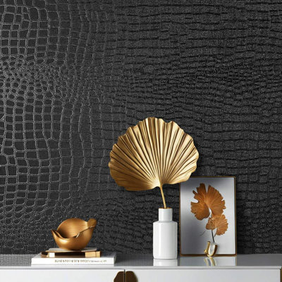 Black Crocodile Textured Peel And Stick Wallpaper - Self-Adhesive Waterproof Vinyl For Cabinets, Bedrooms, Bathrooms - Easy To Install And Remove