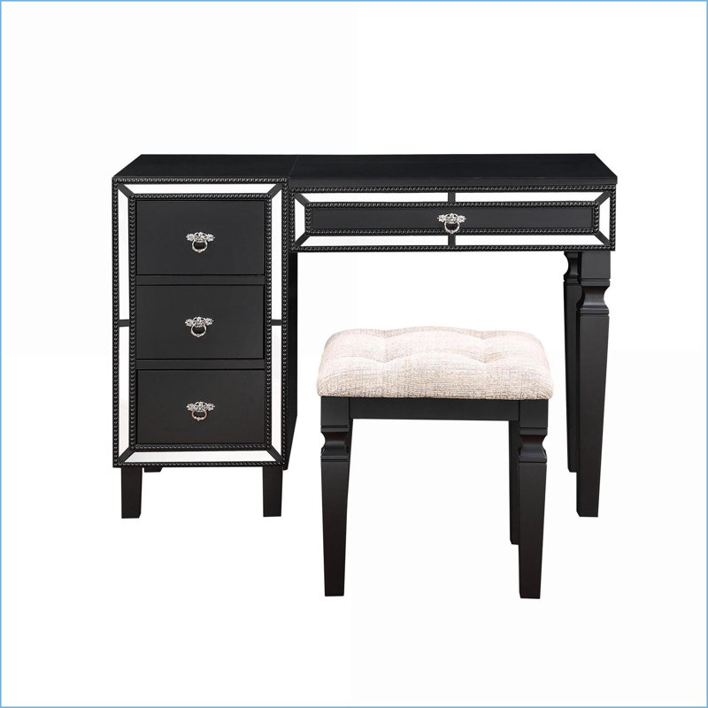 Ensemble de meuble-lavabo avec tabouret, mobilier de chambre noir traditionnel avec miroir en acier inoxydable 3 tiroirs | Bois d'hévéa | Noir