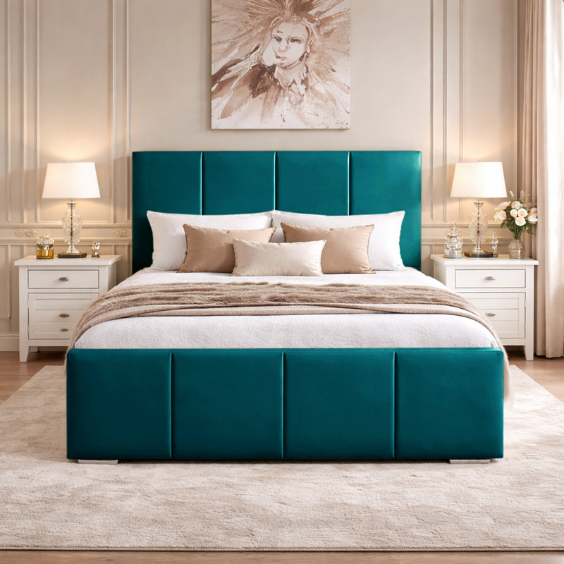 Arden Panel Bed Frame Upholstered Velvet Bed, Small Double (4'), Mallard