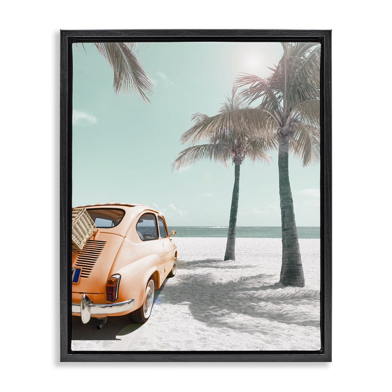 «Orange Car on Beach», art mural encadré sur toile flottante par Noah Bay, Cadre flottant noir de jais, H 21 po x l 17 po