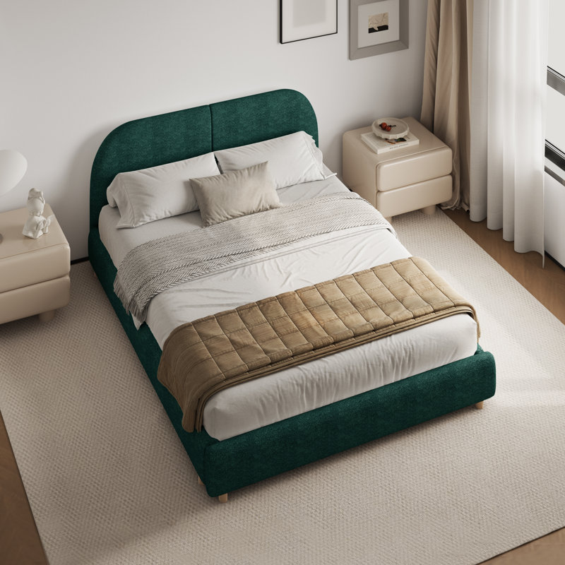 Structure de lit rembourrée avec tête de lit courbée Boucle, style minimaliste moderne, Vert, Grand lit