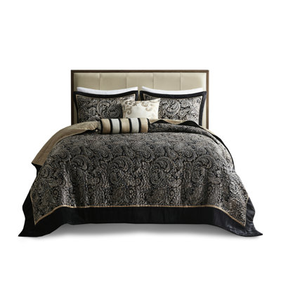 Couvre-lit 5 pièces pour très grand lit, lit noir et taupe avec coussins décoratifs à bride,