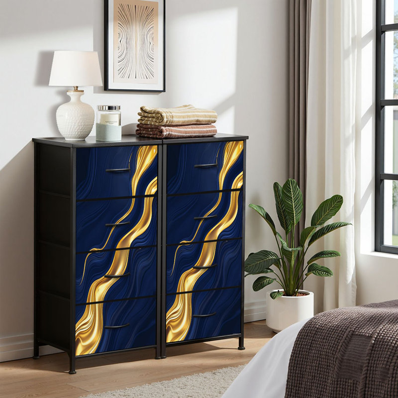 Commode pour commode de chambre à coucher pour commode de luxe en marbre bleu doré à texture abstraite bleu indigo marbré Commodes et commodes de rangement en tissu avec bacs de rangement à 4 tiroirs