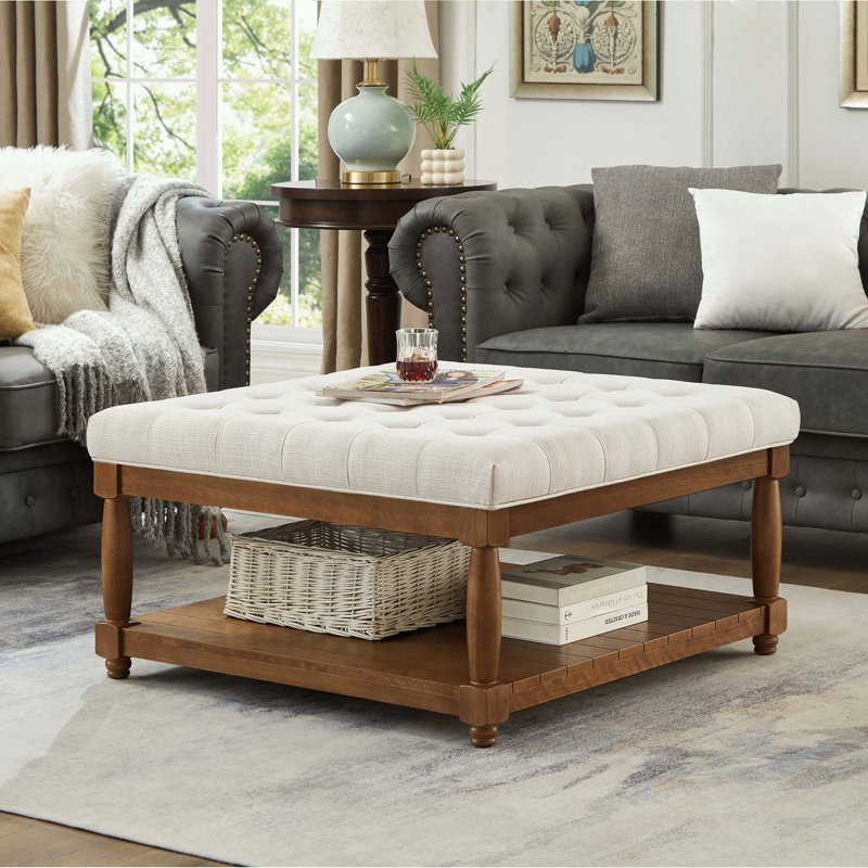 Large Square Ottoman with Solid Wood Shelf, Ivory