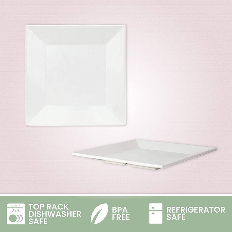 8" X 8" White Square Melamine Plates, (4 Pack) Unbreakable Elegant Dinnerware Set