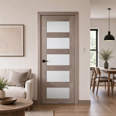 Dalle de porte intérieure en verre givré noyer 5-Lite, placage décoratif d'ingénierie, style moderne