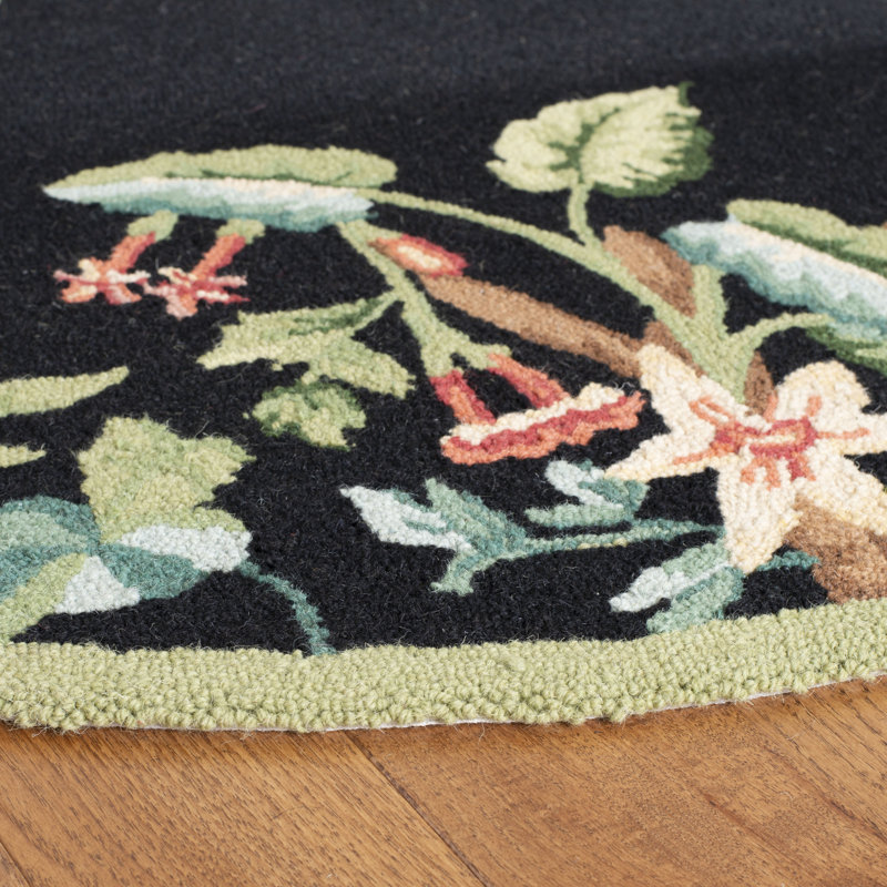Handmade Round Black and Green Wool Floral Area Rug 66"