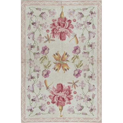 Tapis beige et pêche noué à la main de haute qualité