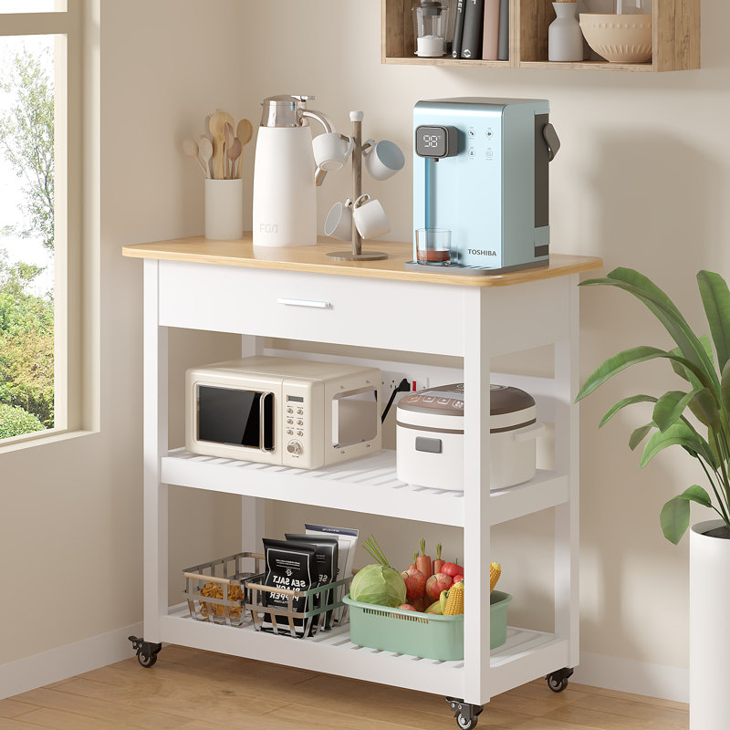 Kitchen Island Cart On Wheels, 40 Inches Width Kitchen Shelf With Power Strip, 3 Tiers Rolling Utility Cart With Solid Wood Top And Drawer