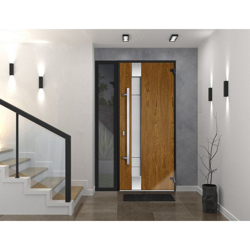 Porte d'entrée extérieure prémontée en acier Deux 1713 Chêne naturel, fenêtre latérale extérieure noire, inserts en acier inoxydable, style moderne, peinte - L 36 + 14 x H 80 - Ouverture à gauche vers l'intérieur