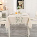 Beige Rectangular Cotton Linen Tablecloth with Tassel and Green Embroidered Leaves, Washable (180 cm)