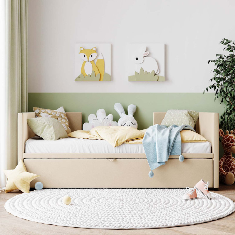 Lit de jour simple tapissier avec couchette escamotable, beige, Beige