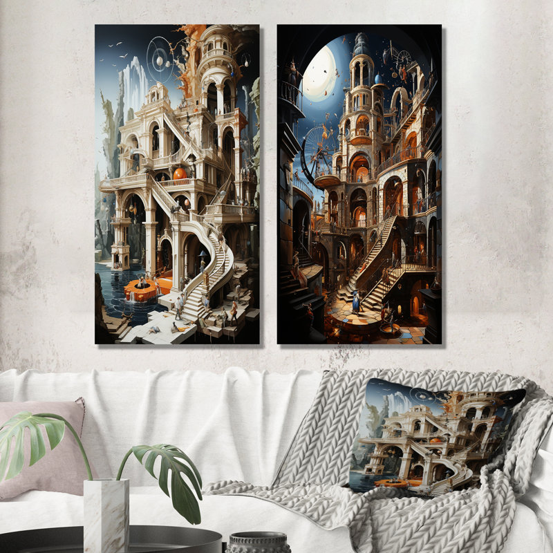 Schéma d'un château, ensemble d'art mural sur toile 2 châteaux, H 28 po x l 25 po, Toile tendue