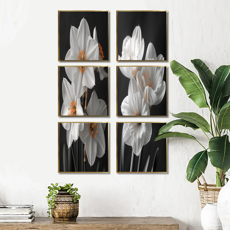 Ensemble de 6 jonquilles botaniques monochromes blanches et jaunes, Impression encadrée sans passe-partout, Doré