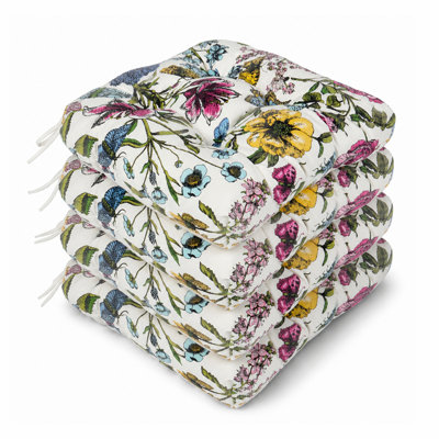 Ensemble de 4 coussins de chaise d'extérieur touffetés de 19 x 19 x 4 pouces avec attaches, coussins de chaise de patio imperméables pour les chaises de salle à manger, mobilier de jardin et d'extérieur - floral
