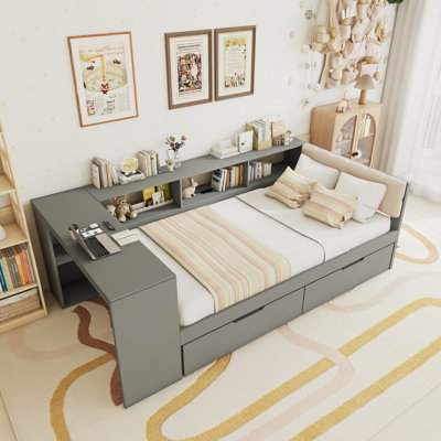 Platform Bed With Storage Shelves, Drawers, Charging Station And Upholstered Headboard by Latitude Run