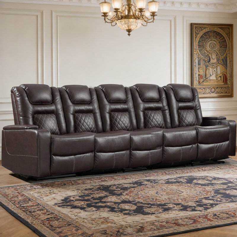 Canapé de cinéma maison inclinable électrique moderne en similicuir 5 places avec porte-gobelets et rangement pour accoudoirs Modern