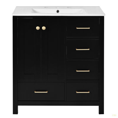Ensemble de meuble-lavabo 30 po avec lavabo en céramique, armoire de rangement en bois massif, ensemble de meuble-lavabo autoportant avec portes à 4 tiroirs et fermeture en douceur