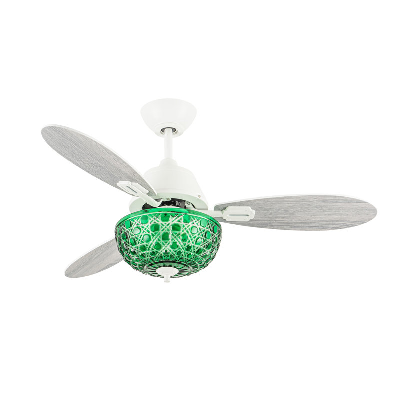 42"W Brynn LED Indoor Green Hand-Cut Glass Globe Shade Ceiling Fan With Remote Control, White