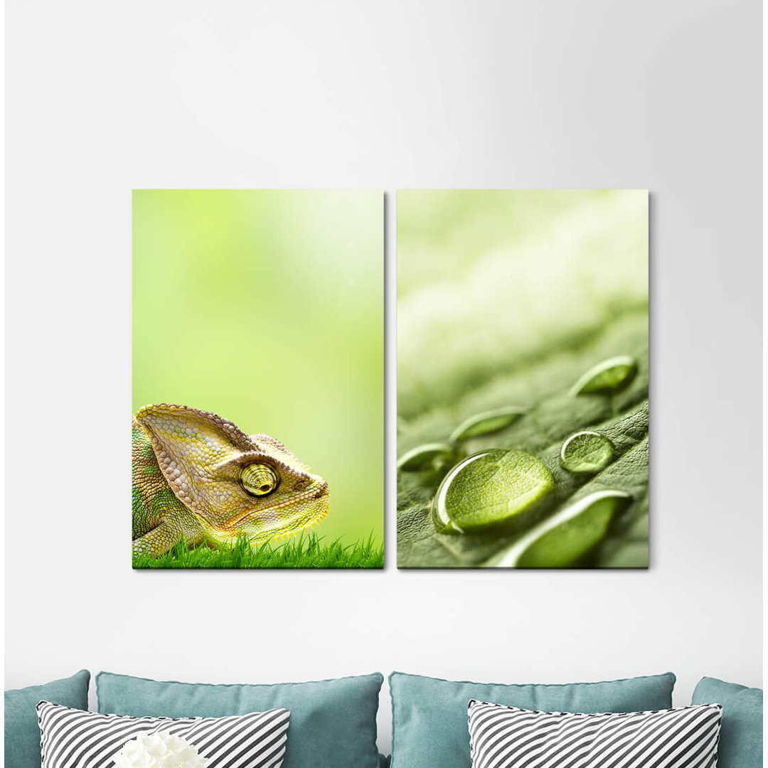 2-tlg. Leinwandbilder-Set - Grafikdruck „Chameleon Green Water Drops Drops”