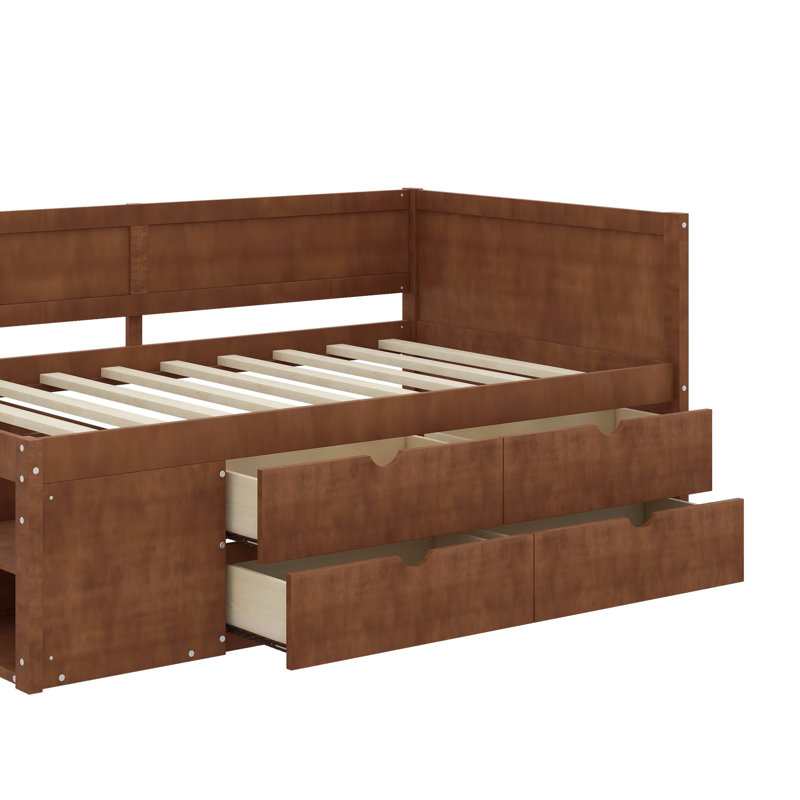 Lit de jour avec tiroirs et tablettes, Noyer, Lit simple