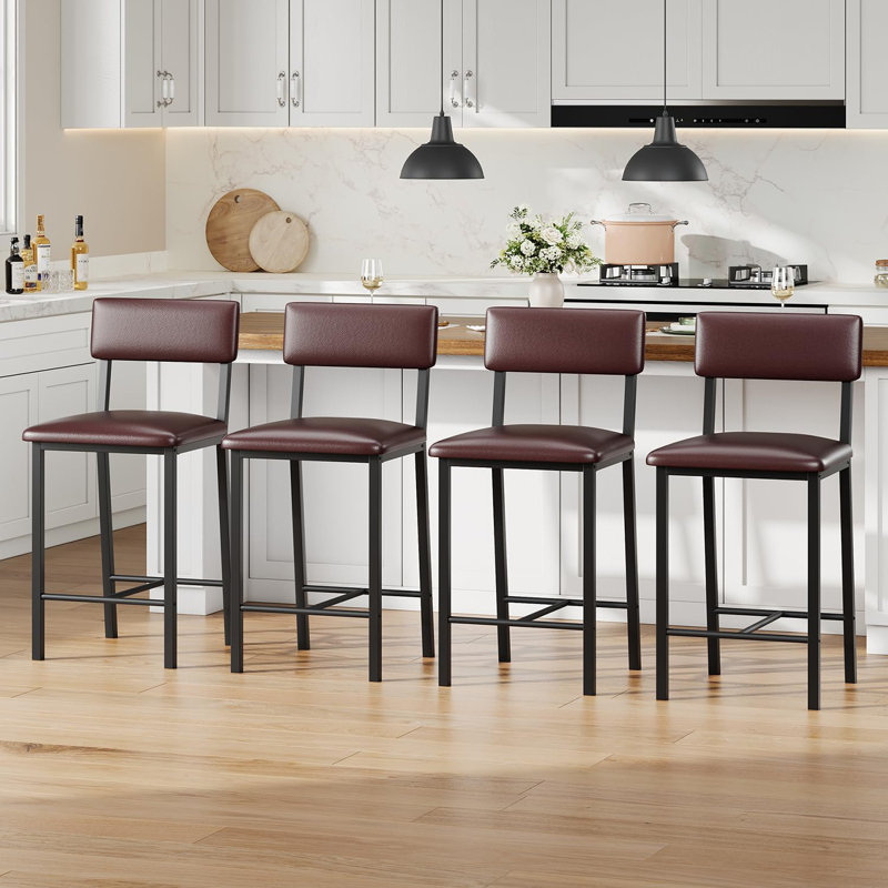 Bar Stools Set of 4, PU Leather Counter Height Bar Stools with Backrest and Footrest,Tall Bar Stool with Thick Cushion, for Dining Room, Apartment Counter Bar, Island