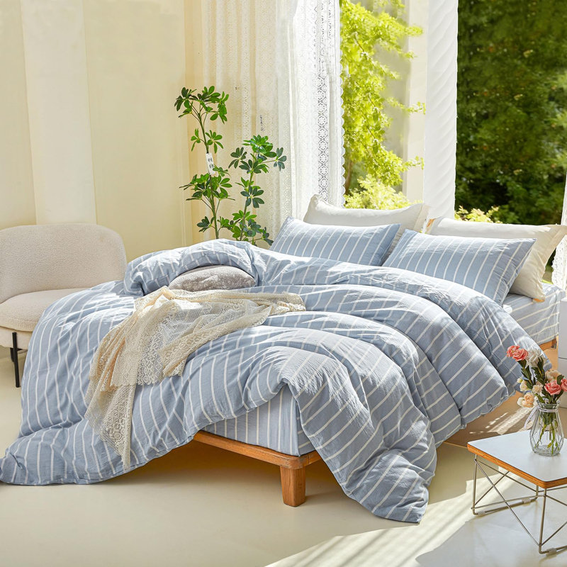 DONEUS 100% Washed Cotton Striped Duvet Cover Set Natural Linen Like Textured Bedding Set 3 Pieces with Zipper Closure