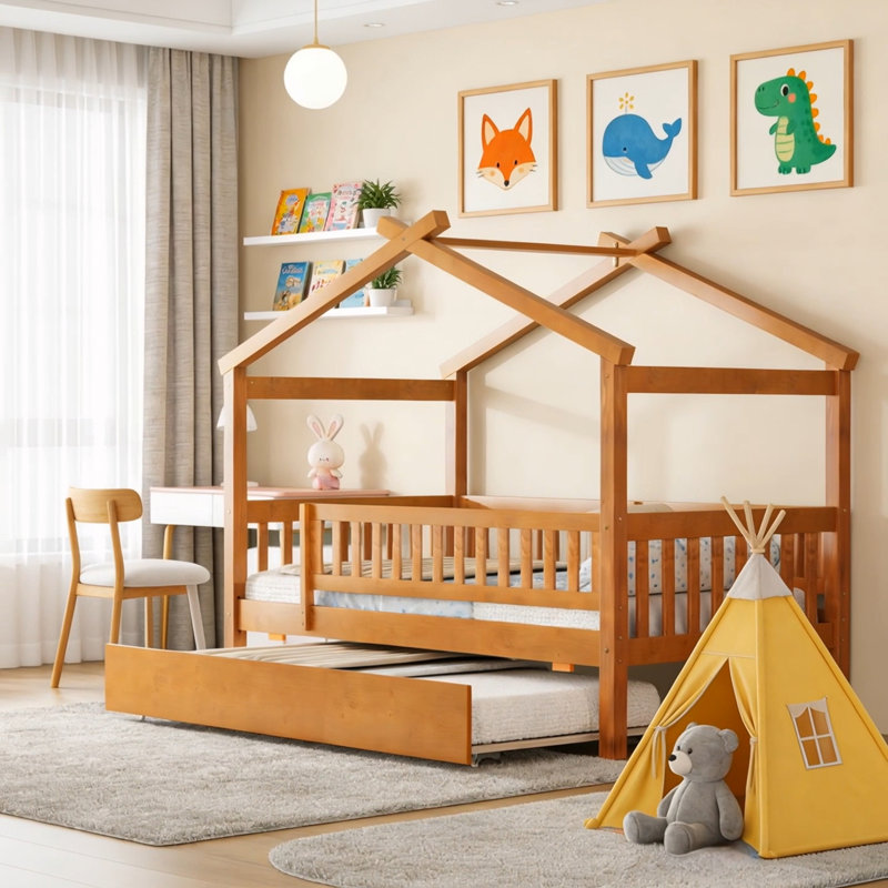 Twin Size Wooden House Bed With Trundle, Walnut, Twin