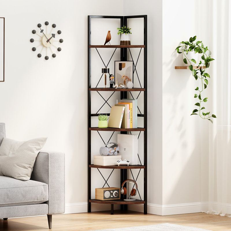 5-tier Corner Display Rack Corner Ladder Bookshelf w/ Sturdy Metal Frame, Brown/Black