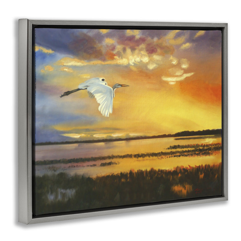 «Bird over Sunlit Pond», art mural par D. Rust, Cadre flottant gris lustré, H 25 po x l 31 po