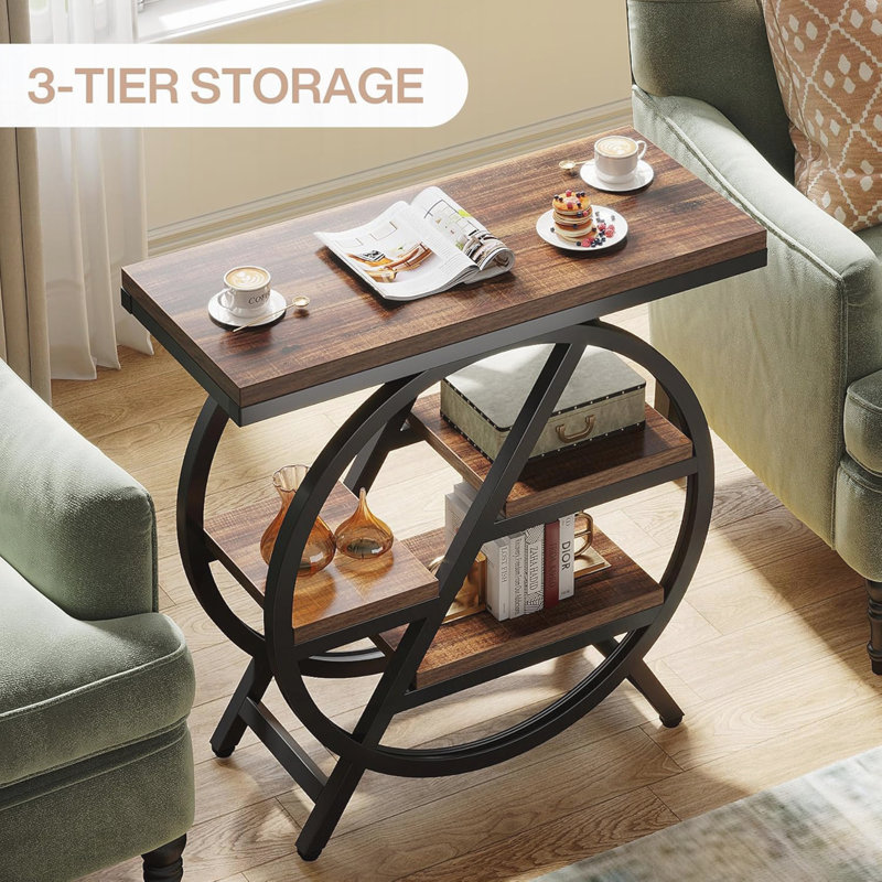 Table de bout étroite à 3 niveaux 25,59 pouces avec rangement, Brun rustique