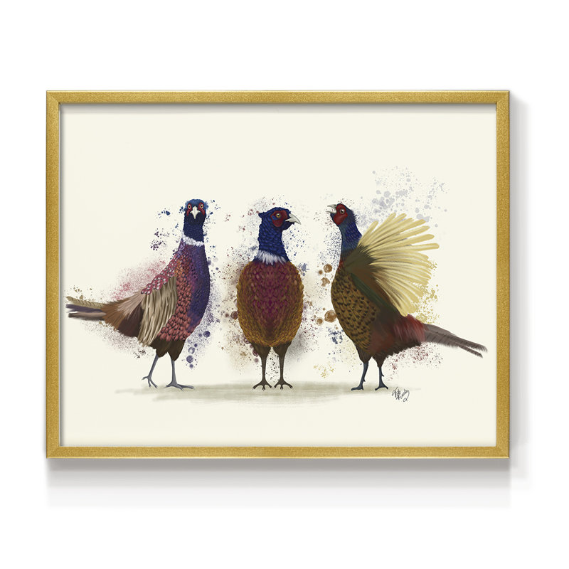 Trio de faisans - reproduction encadrée - réarmable, H 8 po x l 10 po, Doré