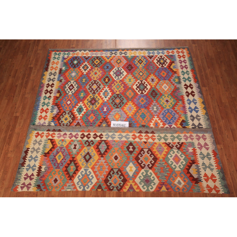 Tapis oriental réversible en laine Kilim 8 x 11