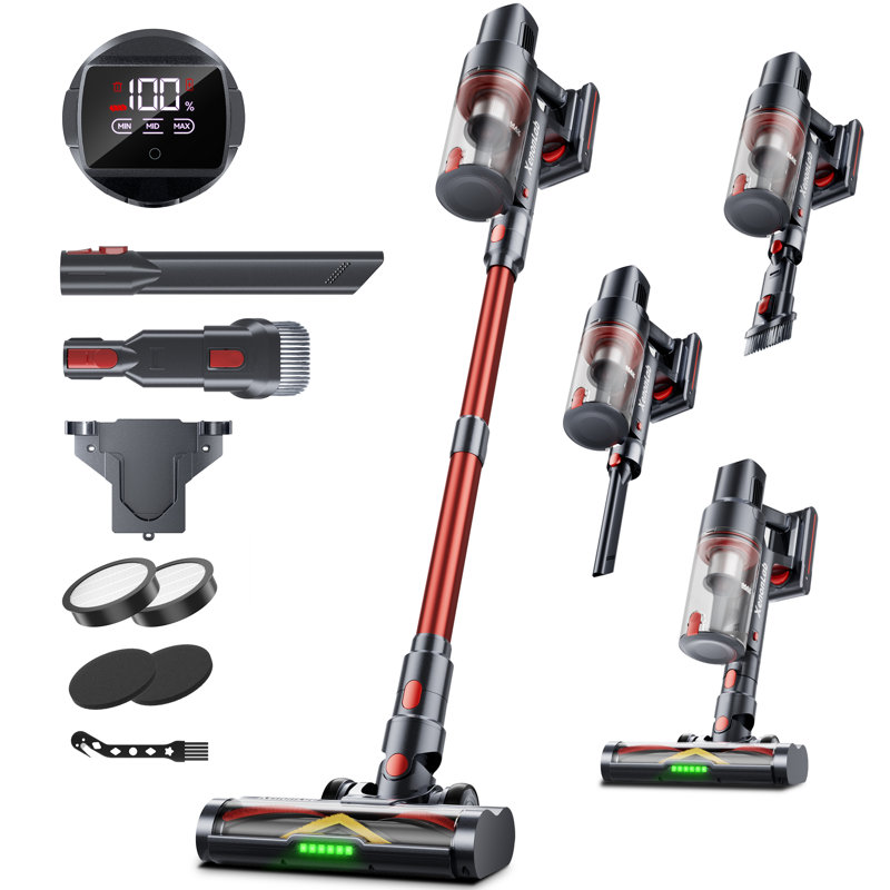 Cordless Stick Vacuum Cleaner, 75 Mins Runtime, 48KPa/600W Strong Suction, Self-Standing, Lightweight, with Anti-Static & Anti-Tangle Brush, for Hard Floors, Carpets, Hardwood, Pet Hair（Red）