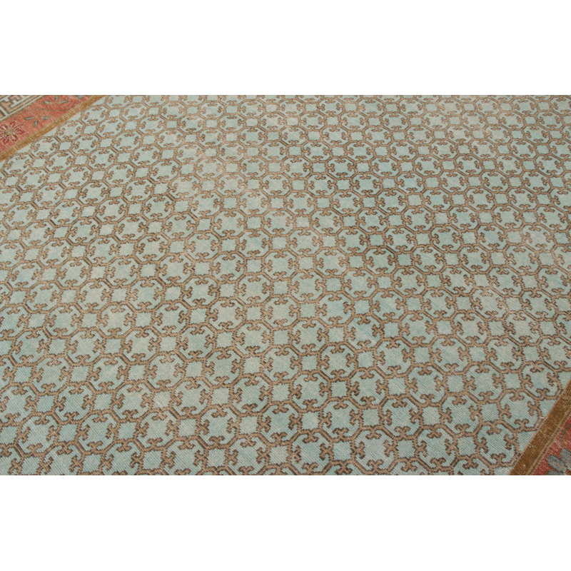 Distressed Homage Hand Knotted Wool Geometric Area Rug in Blue, Orange, Red, Beige, Brown, Rectangle 6' x 9'