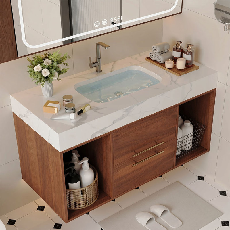 Meuble-lavabo flottant de 39,4 po avec lavabo en céramique et tiroirs à fermeture en douceur, rangement mural pour salle de bain moderne