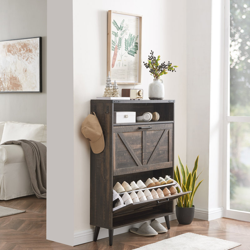 Chea Shoe Storage Cabinet with Adjustable Shelves, Espresso Wood, 2
