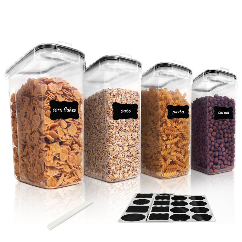 Ensemble de contenants pour céréales, contenants en plastique hermétiques pour aliments sans BPA 135,2 oz liq. Pour céréales, collations et sucre, ensemble de 4 distributeurs de céréales avec 24 étiquettes noires, noir