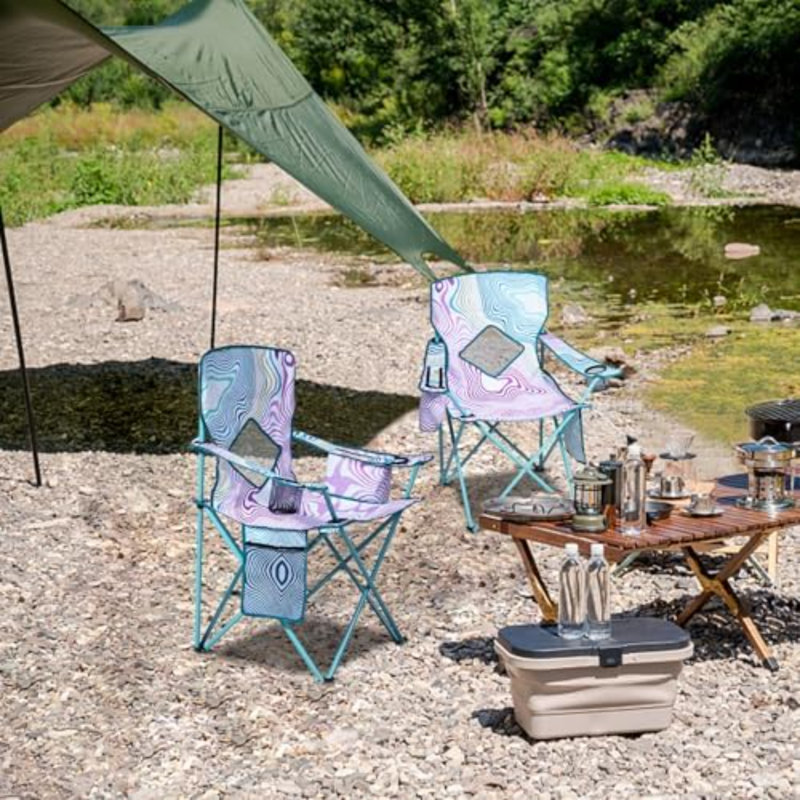 Lot de 2 chaises de camping pliantes/portables avec poche isotherme, dossier en maille et porte-gobelet (fleur, métal, lot de 2)