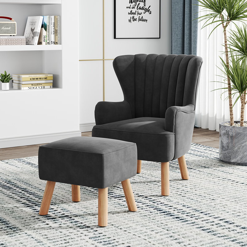 Aeroome Upholstered Wingback Chair With Footstool, Gray