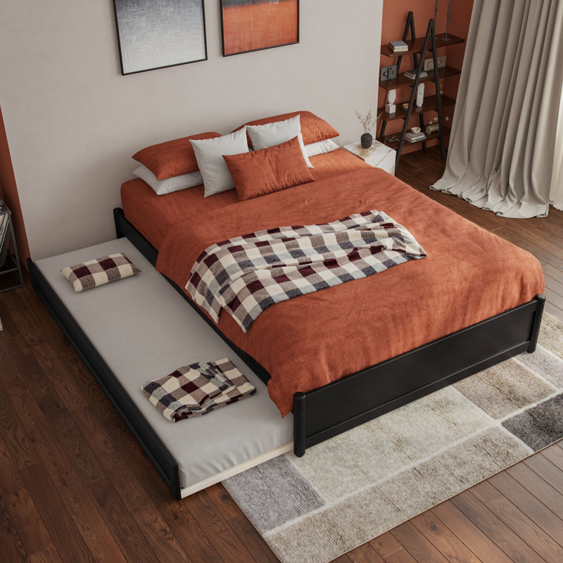 Lit plateforme en bois massif Lamariah avec lit gigogne assorti, Double, Noir