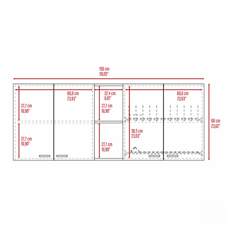 Armoire murale H 24 po, quatre portes, deux tablettes de rangement ouvertes, deux tablettes internes, porte-assiettes et rangement en verre