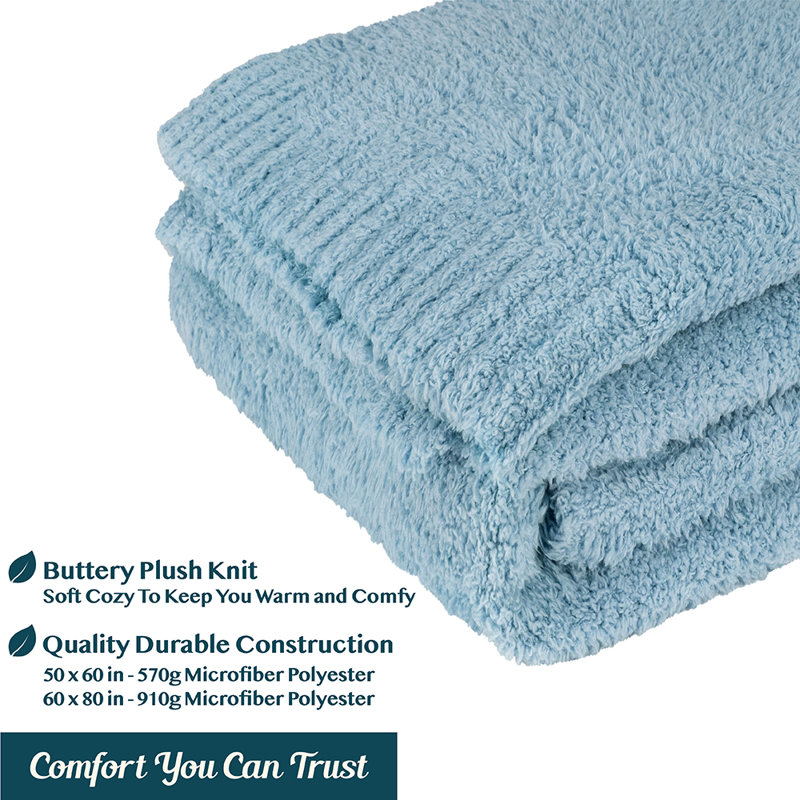 Light Blue Reversible Fleece Knit Throw Blanket, 50x60 Inches