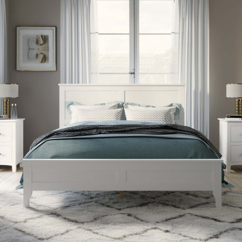 Lit plateforme en bois massif avec tête de lit moderne, Grand lit, White