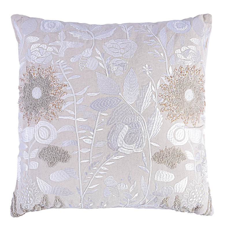 Desert Rose Beige Cotton Embroidered Square Pillow 18x18"